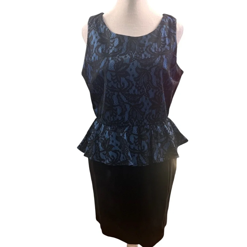 ❤️NWOT Three Hearts Women Blue Black Floral Lace Peplum Sheath Dress XL